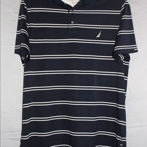 Nautica shirt primarily navy blue with horizontal white stripes